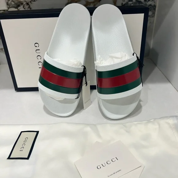 Gucci White Pursuit Web Accent Red Green Slides New - Picture 7 of 11
